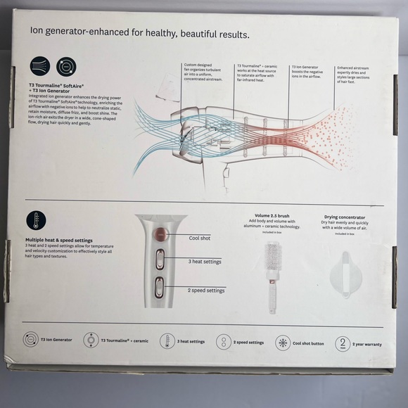 T3 White Gold Color Featherweight Luxe 2i Professional Hair Dryer With Brush. - Picture 9 of 9